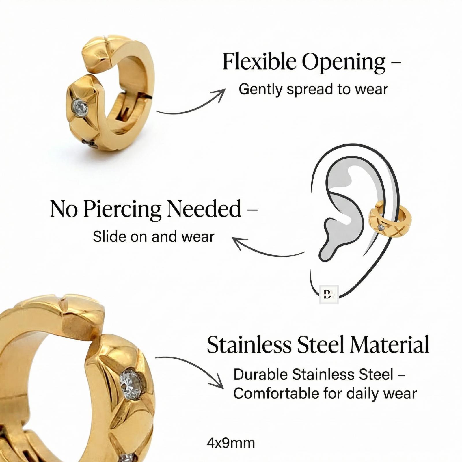 Stainless Steel Ear Cuff – No Piercing Ear Clip Hoop with CZ Stone, Open Gap Flexible Design