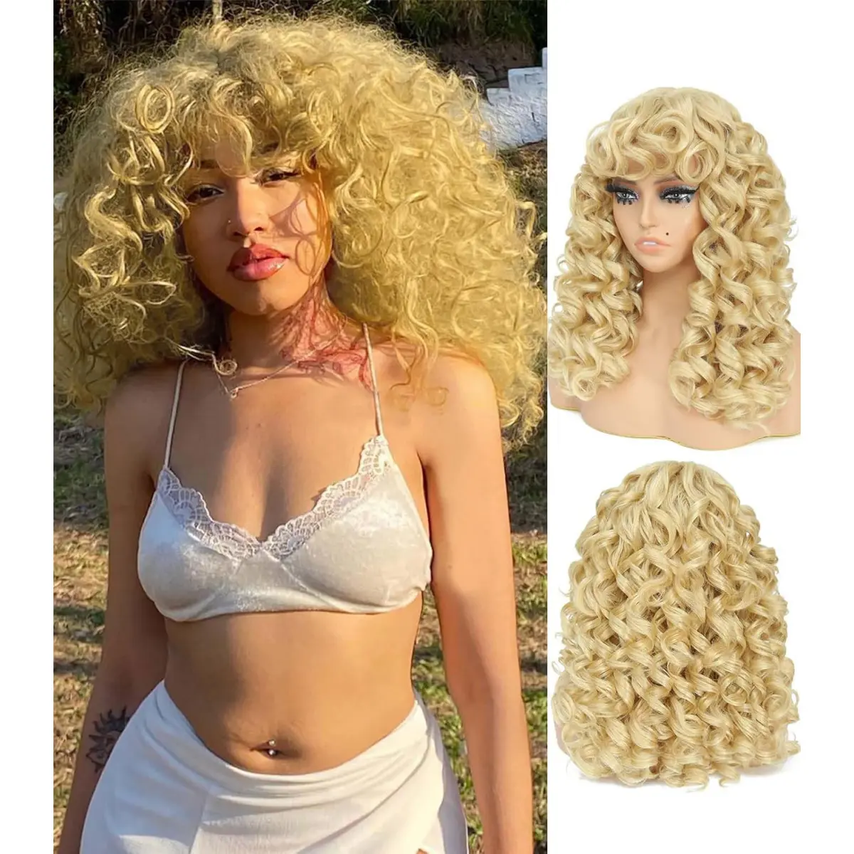 Blonde Big Curly Afro Wig for Women, 20-Inch Synthetic Hair with Bangs for Daily Wear or Cosplay, Synthetic Material Wigs, Blonde Wig