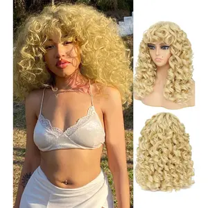 GKtineke-Blonde-Curly-Wig Big-Curly-Wigs-for-White-Black-Women 20 Inch- Long-Curls-Afro-Wig-with-Bangs Synthetic-Hair-Replacement-Wigs-for- Cosplay and Daily (Blonde)