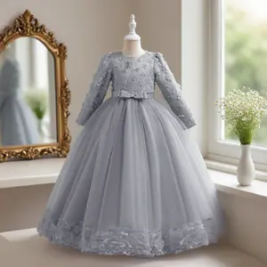752 Flower Girls Dress Kids Wedding Party Dress Beaded Pageant Long Gown Lace Princess Girls Formal Evening Children Clothes