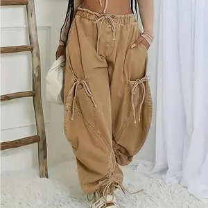 Women's loose-fitting jeans High-rise Y2K drawstring bow cargo jogging jeans Wide-leg jeans Sweatpants