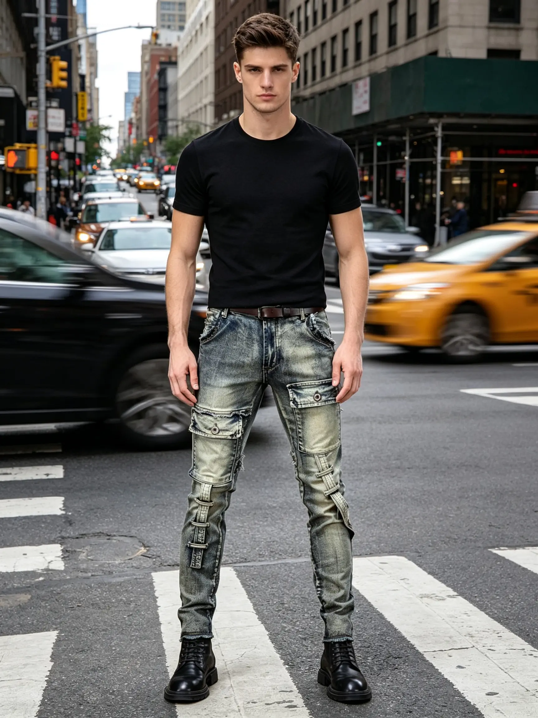 Streetwear fashion designer retro blue distressed men's jeans stretch slim fit small straight tube, streetwear outdoor casual men's pantsr