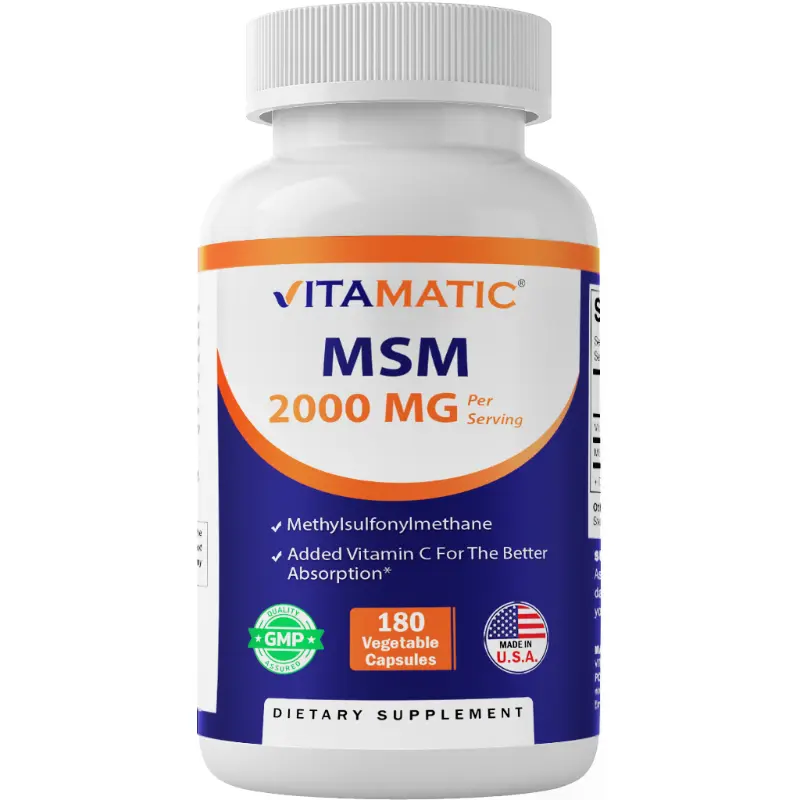 Vitamatic MSM 2000mg Healthcare Dietary Supplement with 75mg Vitamin C, Veg Capsules - 180 Count, Non-GMO, Gluten-Free (Vitamin C Aids MSM Absorption)