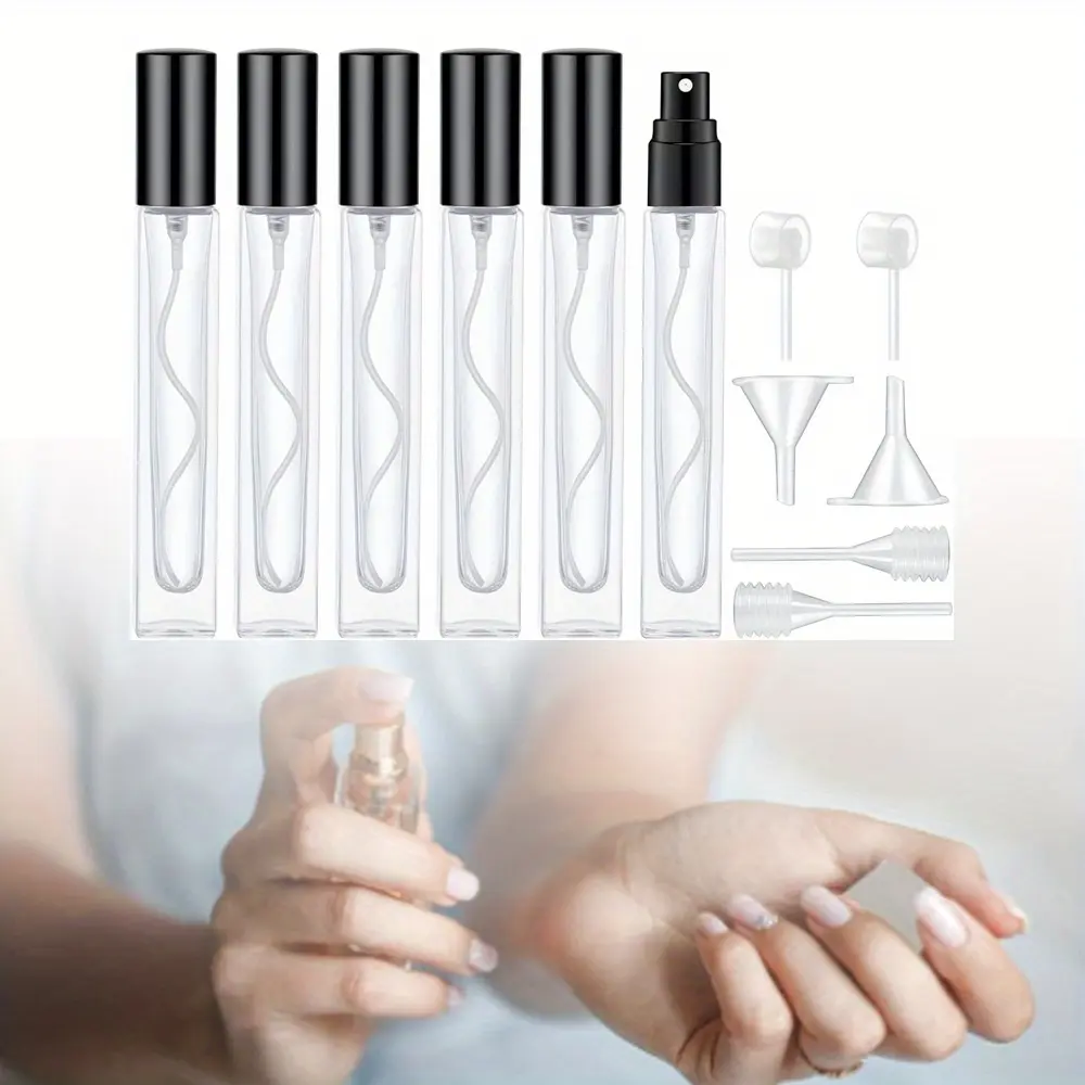 6 Pcs Reusable Glass Perfume Bottle 2 Pcs Mini Funnel 2 Pcs Perfume Separator 2Pcs Spring Dropper Kit,10ml Portable Cosmetics Sample Bottle Atomizer Spray Bottle Mini Essential Oil Container Suitable for Daily DIY Essential Oil and Perfume