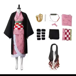 Wig + Costume combo Demon Slayer Kamado Nezuko Cosplay Costume Japanese Anime Carnival Party Adult costume with accessories wig included