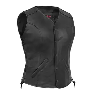 DANIEL SMART Lacera™ Women's Leather Motorcycle Vest - Milled Promo Cowhide 1.1-1.2 mm, Open Neck, Side Lacing, Antique Black, XS-5XL