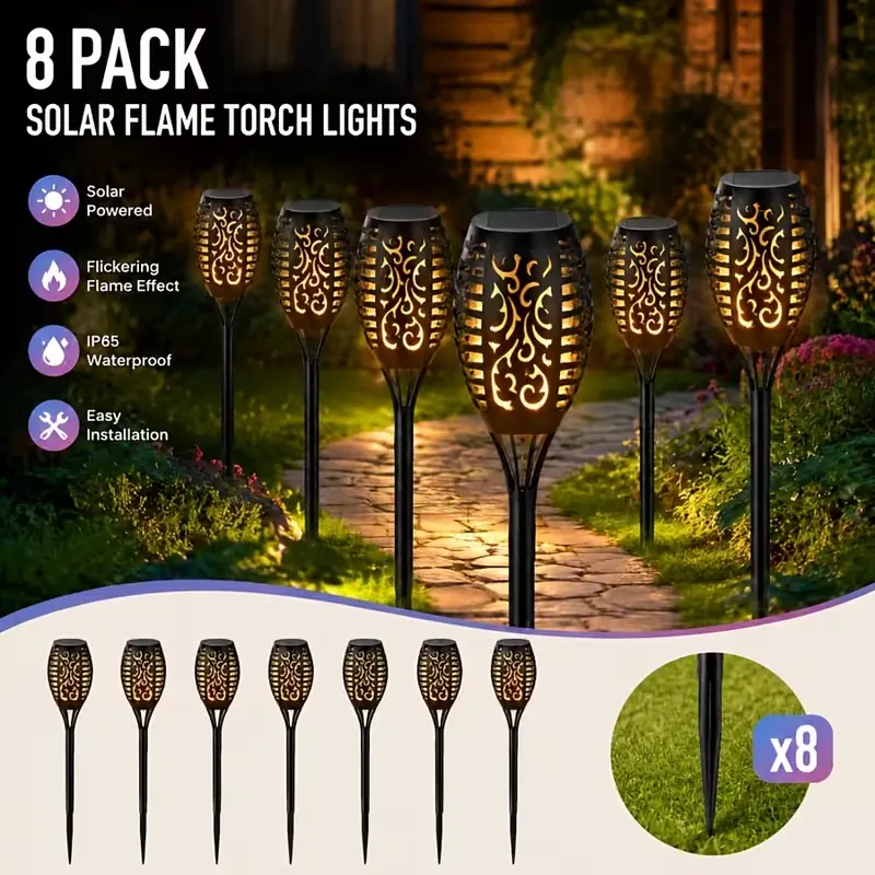 8/16-Pack Solar Outdoor Lights, Dancing and Flickering Flame Torch Lights, Solar Garden Lights, Suitable for Lawns, Gardens, Courtyards, and Wedding Parties—Automatic On/Off, IP65 Protection Rating, Outdoor Lighting