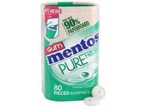 Mentos Pure Fresh Spearmint Sugar Free Chewing Gum With Xylitol Sweetener, Paperboard Bottle, 80 Pieces