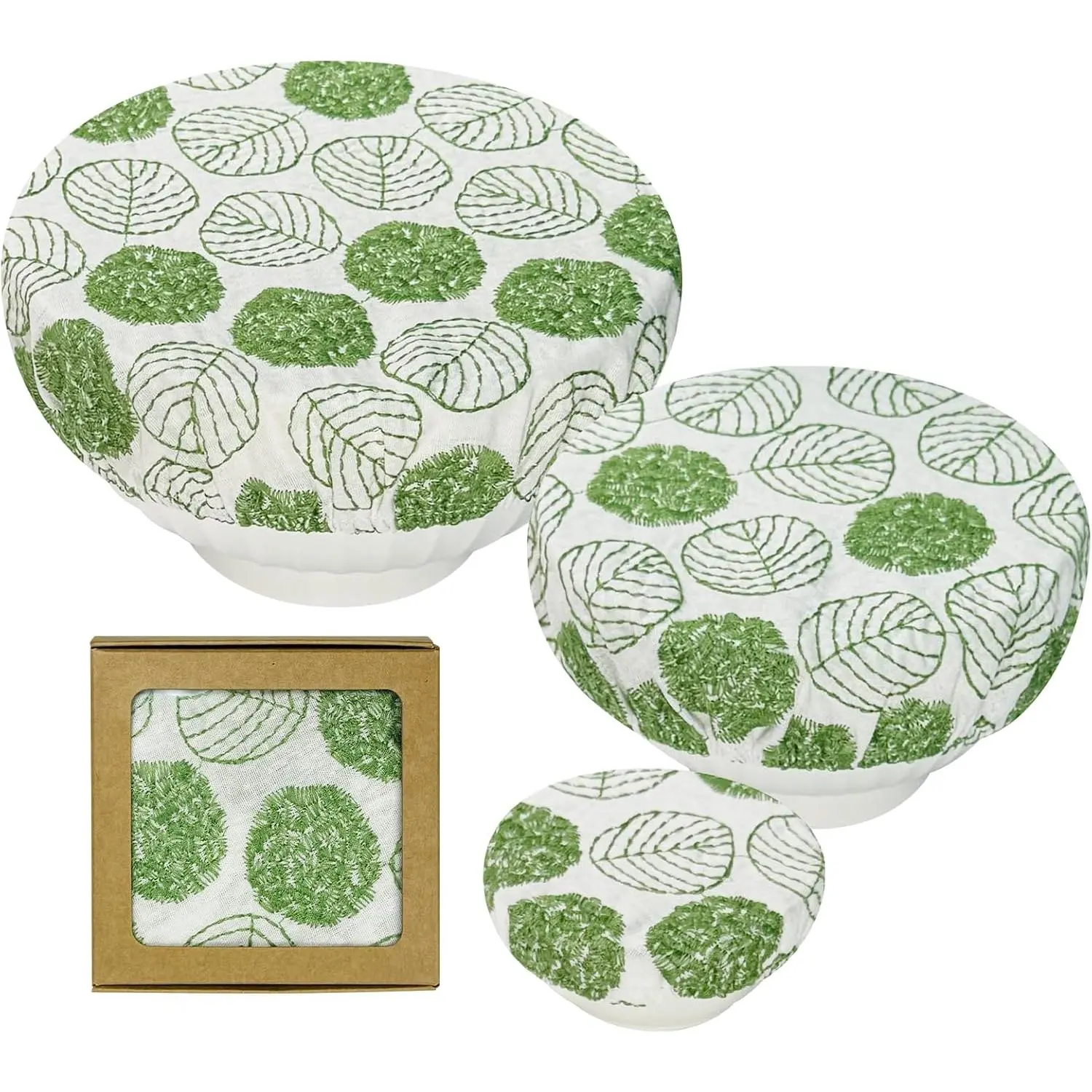 Bowl Covers for Bread Proofing Baking - Fabric bowl cover with botanical embroidery for 3 Size Cloth Bowl Covers - Elastic Cover for Sourdough Bread  Fruit and Salad (White)