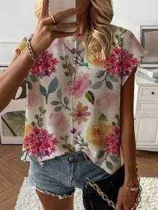 Spring Summer Women's Knit Top, Round Neck Shoulder Straps Loose Fit, Colorful Floral Print Short Sleeve, Casual Elegant Chic Commuter Wear