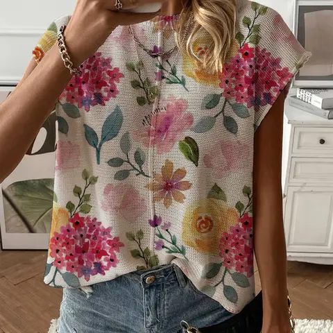 Spring Summer Women's Knit Top Shirts Loose Tops, Round Neck Shoulder Straps Loose Fit, Colorful Floral Print Short Sleeve, Casual Elegant Chic Commuter Wear, Womenswear