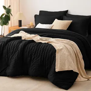 Queen Comforter Set Black Seersucker 7 Pieces Bed in a Bag Queen Comforter Set with Sheets, Luxury Soft Bedding Set with Down Alternative Comforter, Sheets, Pillowcases & Shams for All