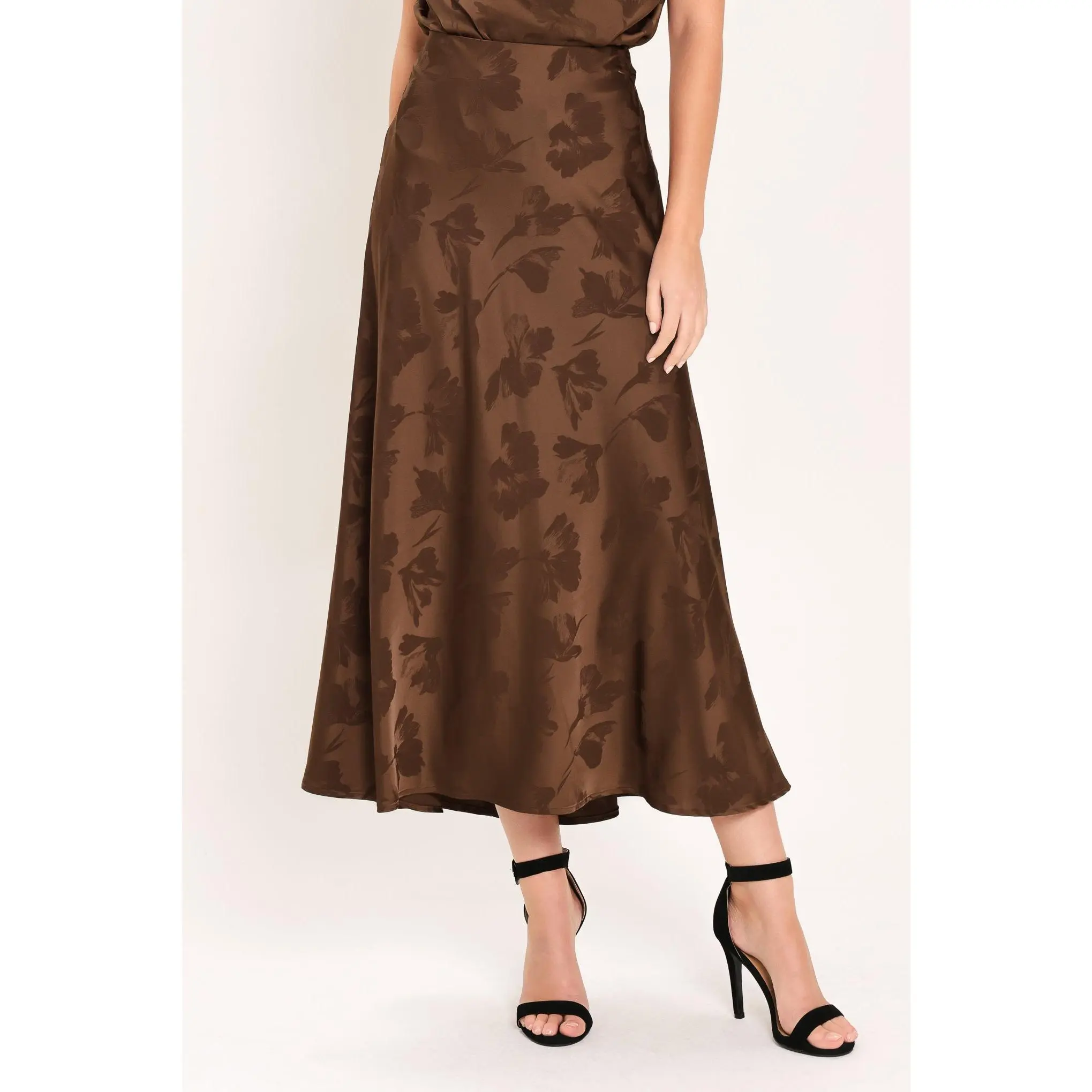 CHOCOLATE FLORAL WOVEN JACQUARD MIDI SKIRT