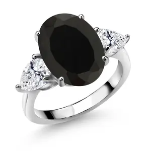 Gem Stone King Women's 6.04 Cttw Black Onyx & Lab Grown Diamond Engagement Ring - 925 Stamp Silver, Modern, Statement Design - Oval 14x10mm & 7x5mm Pear Shape Gemstone Birthstone, 925 Stamp Silver Rings, Modern Silver Rings
