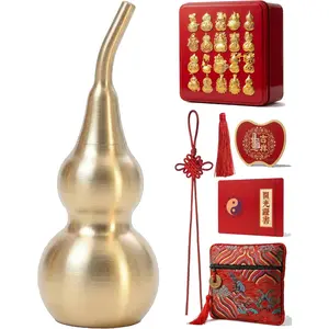 Mini Feng Shui Wu Lou  Mirror  Accessory, Authentic Chinese Hulu Good Luck Charm with  Wish Compartment, Zen  Decor  Set,Brushed Brass Smooth