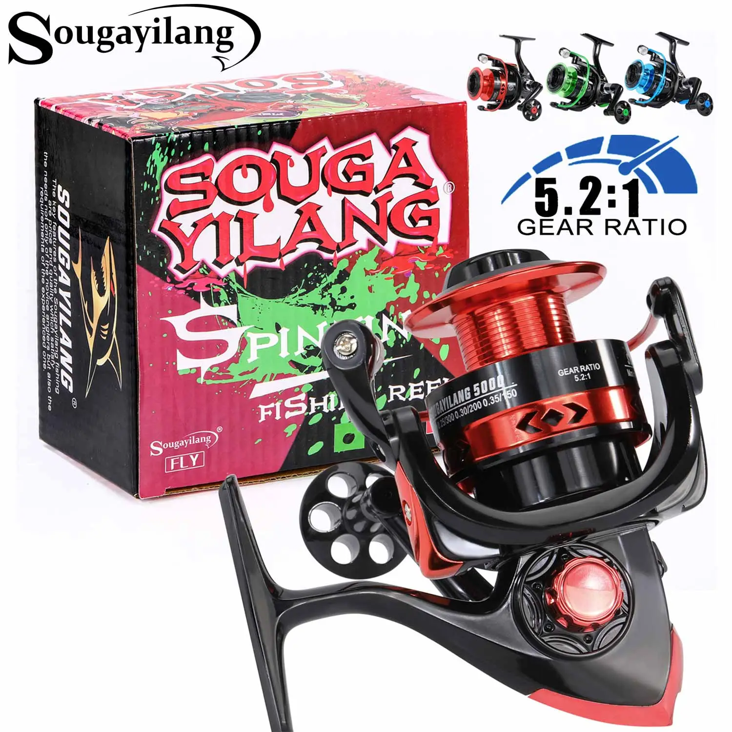 Sougayilang Spinning Fishing Reel, 1000-5000 Series with Cnc Handle & 5.2:1 Gear Ratio Stainless Steel 3 Colors Fishing Reel for Freshwater, Fishing E
