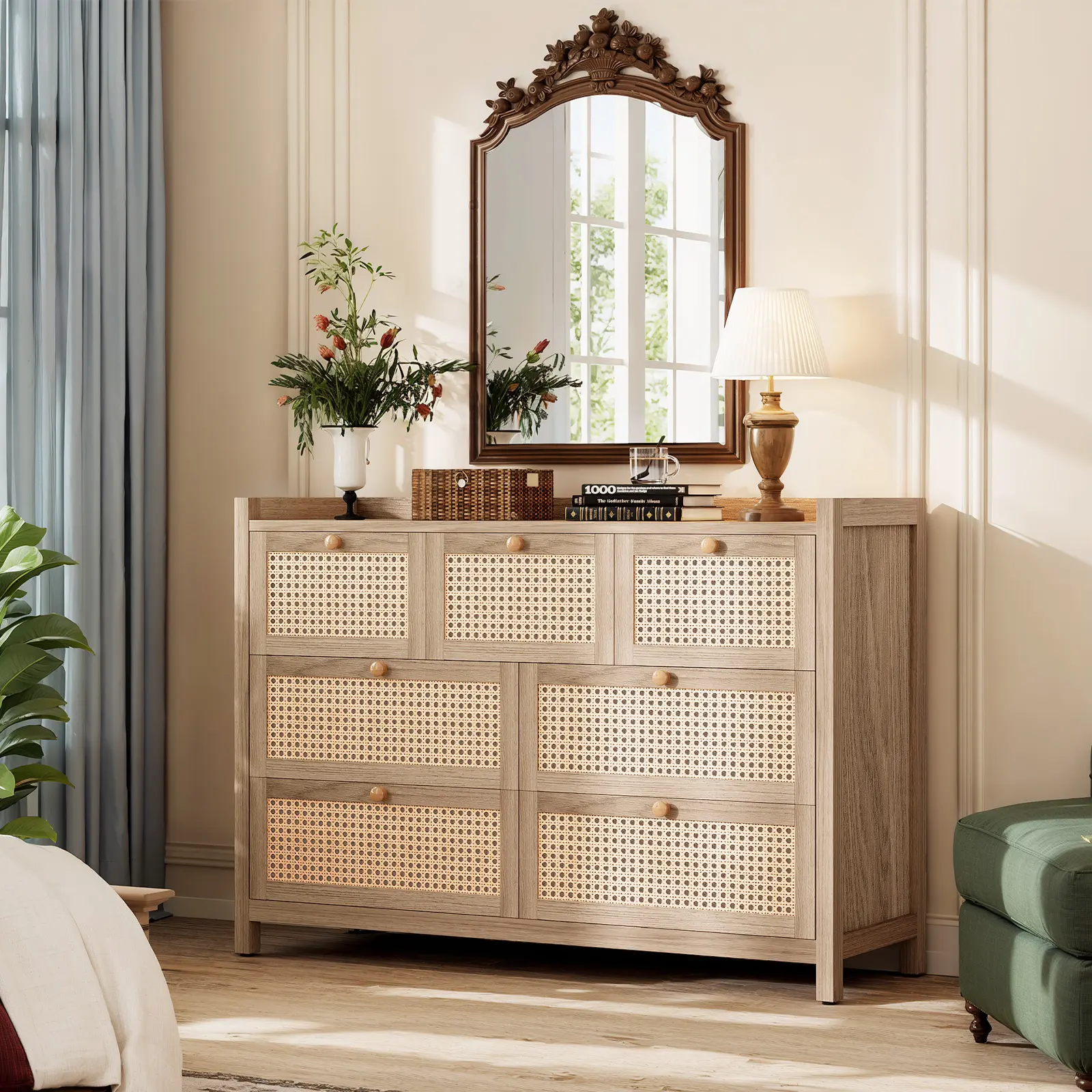 LGHM 7 Boho Drawer Dresser withfor Bedroom, Wide Rattan Chest of Drawers with Spacious Storage, Natural Oak Wood Dresser for Living Room & Entryway