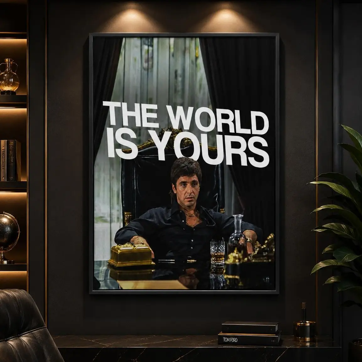 Scarface Tony Montana "The World Is Yours" Canvas Wall Art, Motivational Movie Poster, Hustle Decor for Man Cave Home Office, Framed/Unframed Option