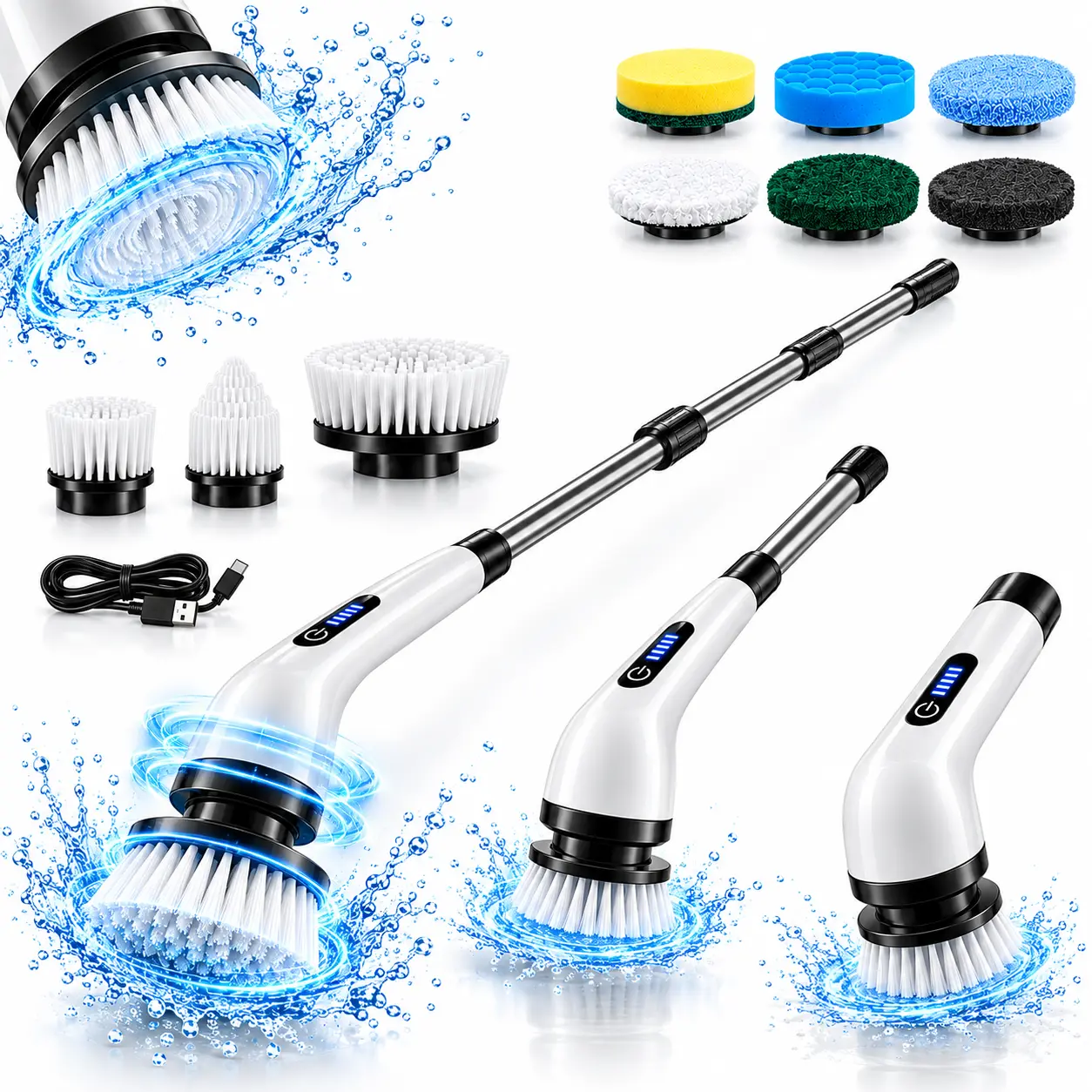 Cordless Electric Spin Scrubber with 9 Replaceable Brush Heads, 2-Speed, Extendable Handle, Rechargeable Cleaning Brush for Bathroom Shower Bathtub Tile Floor & Kitchen, Practical Home Cleaning Tool