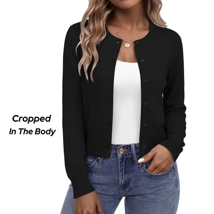 Women's Long Sleeve Button Up Cropped Cardigan Sweaters for Women Crew Neck Short Bolero Shrug for Dresses 2026 Breathable Clothes for Casual Office Layering Cover Up Women's Tops