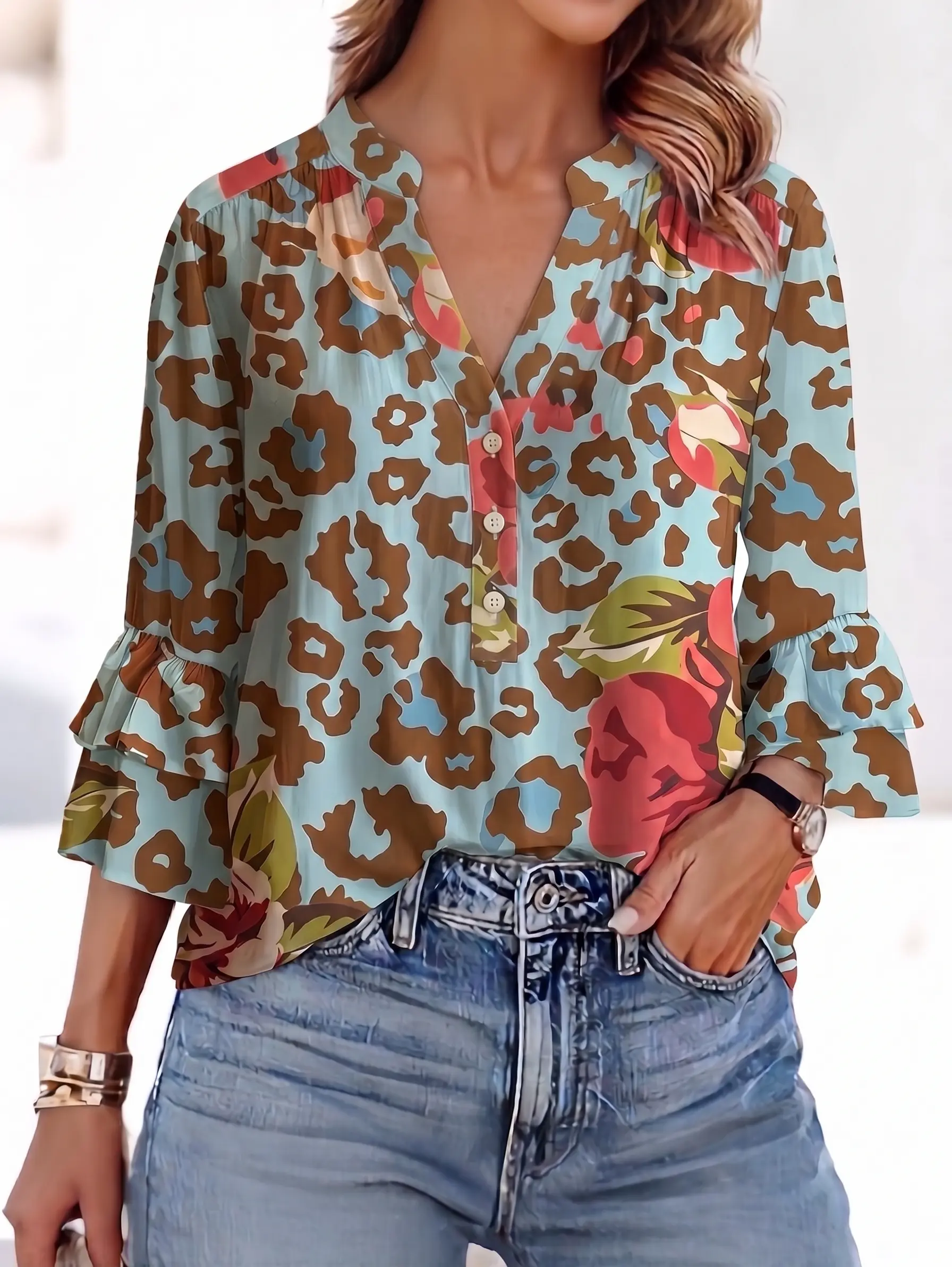 Chic Petal Women’s Turquoise Animal Print & Rose Graphic Top Button-Front 3/4 Bell-Sleeve Blouse Summer Concert Outfit Shirts Womenswear with Leopard & Floral Prints - Brown
