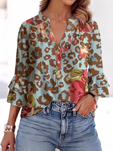 Chic Petal Women’s Turquoise Animal Print & Rose Graphic Top Button-Front 3/4 Bell-Sleeve Blouse Summer Concert Outfit Shirts Womenswear with Leopard & Floral Prints - Brown