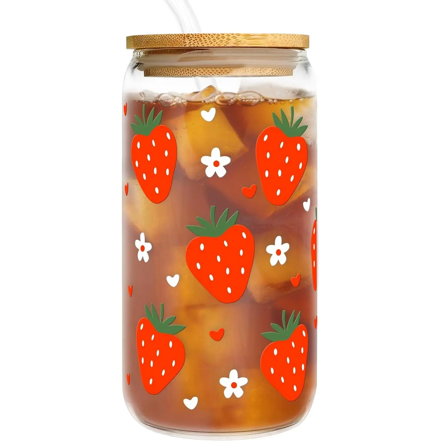 Strawberry Cup - 16oz Glass Coffee Cups with Designs - Coquette Strawberry Tumbler for Women - Aesthetic Mug for Birthday - Floral Iced Latte Cup for Friends Coworkers