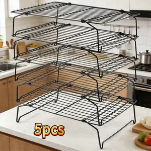 5-piece 5-tier heavy-duty foldable baking cooling rack - cast iron stackable rack, even heat dissipation, space-saving black rack, suitable for cookies, cakes, muffins, pies; compatible with countertop ovens, convection ovens and traditional ovens
