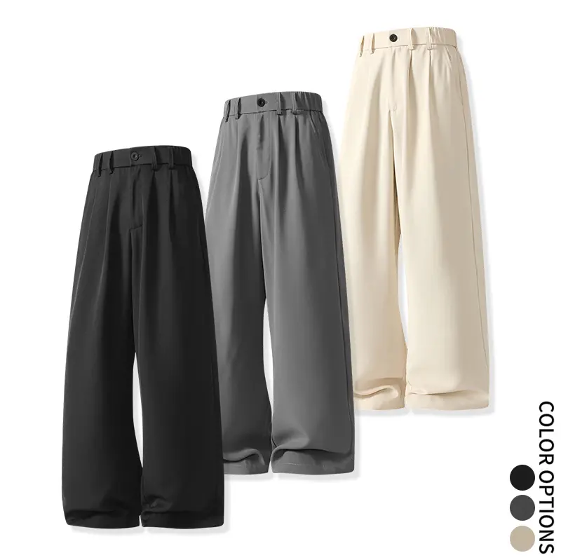 Men’s wide-leg dress pants made from smooth, lightweight woven fabric, featuring a high waist with pleats—versatile, trendy trousers for all seasons, suitable for office wear and everyday outings; minimalist, clean design in a business-casual style. men