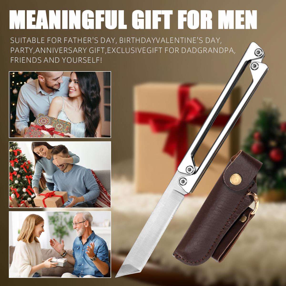 Portable Folding Utility Knife with Leather Sheath, EDC Outdoor Cutting Tool for Camping