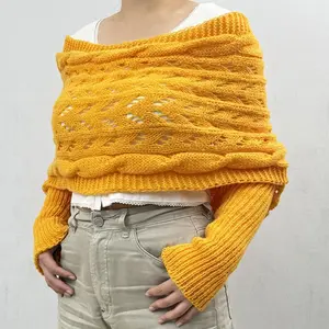 Women Knitting Shawl Solid Color Soft Fluffy Material Long Sleeve Shawl Hollow Design Autumn Winter Shawl Coat