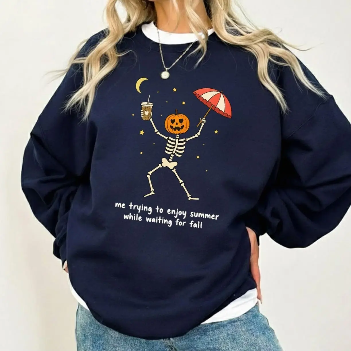 Pumpkin Skeleton Sweatshirt, Funny Summer to Fall Graphic Crewneck, Seasonal Gift for Autumn Lovers