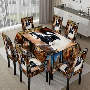5/7-piece 2D Flat Printing Multicolor Horses Collage Printing Pattern Tablecloth and Chair Cover Set, for dining table and chair decoration, perfect for home, holiday gatherings, restaurants, and parties.