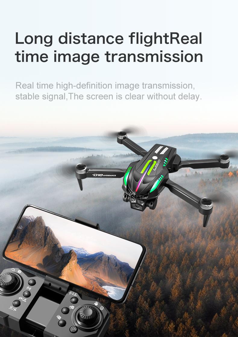 D10 Drone | Brushless Motor 4-Way Obstacle Avoidance Drone with Gradient Flowing Lights, Optical Flow & Servo Gimbal EIS Stabilization, Dual WIFI Camera, Sports Car Shape, Foldable, Gesture Control & One Key Return