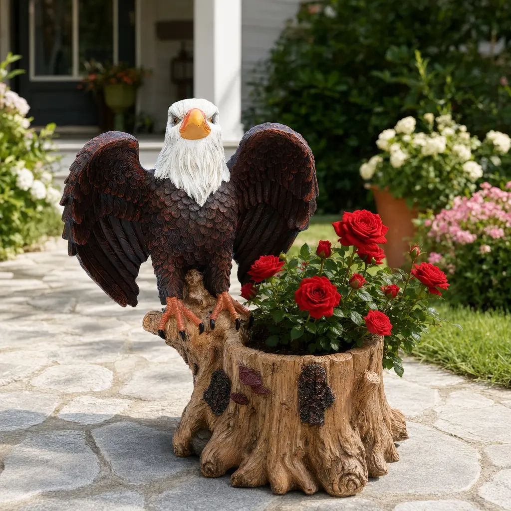 Majestic Eagle Garden Planter Pot with Spread Wings on Tree Stump Base - Durable Polyresin Decorative Flower Pot for Outdoor Patio Lawn - Unique Wildlife Decor Gift Black Brown 15.75x24.41x25.20in, Black Brown Color Options, Resin Material