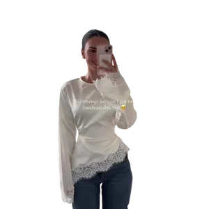 Women's Satin Long Sleeve Blouse - Elegant Lace Trim Crew Neck, Casual Slim Fit Tunic, Shirts for Women, Polyester Clothing for Daily Work