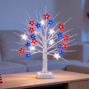 Patriotic LED Tree Lights 24 Red White Blue Star Shaped Bulbs with Flashing Mode Battery or Plug-in for Independence Day Decorations