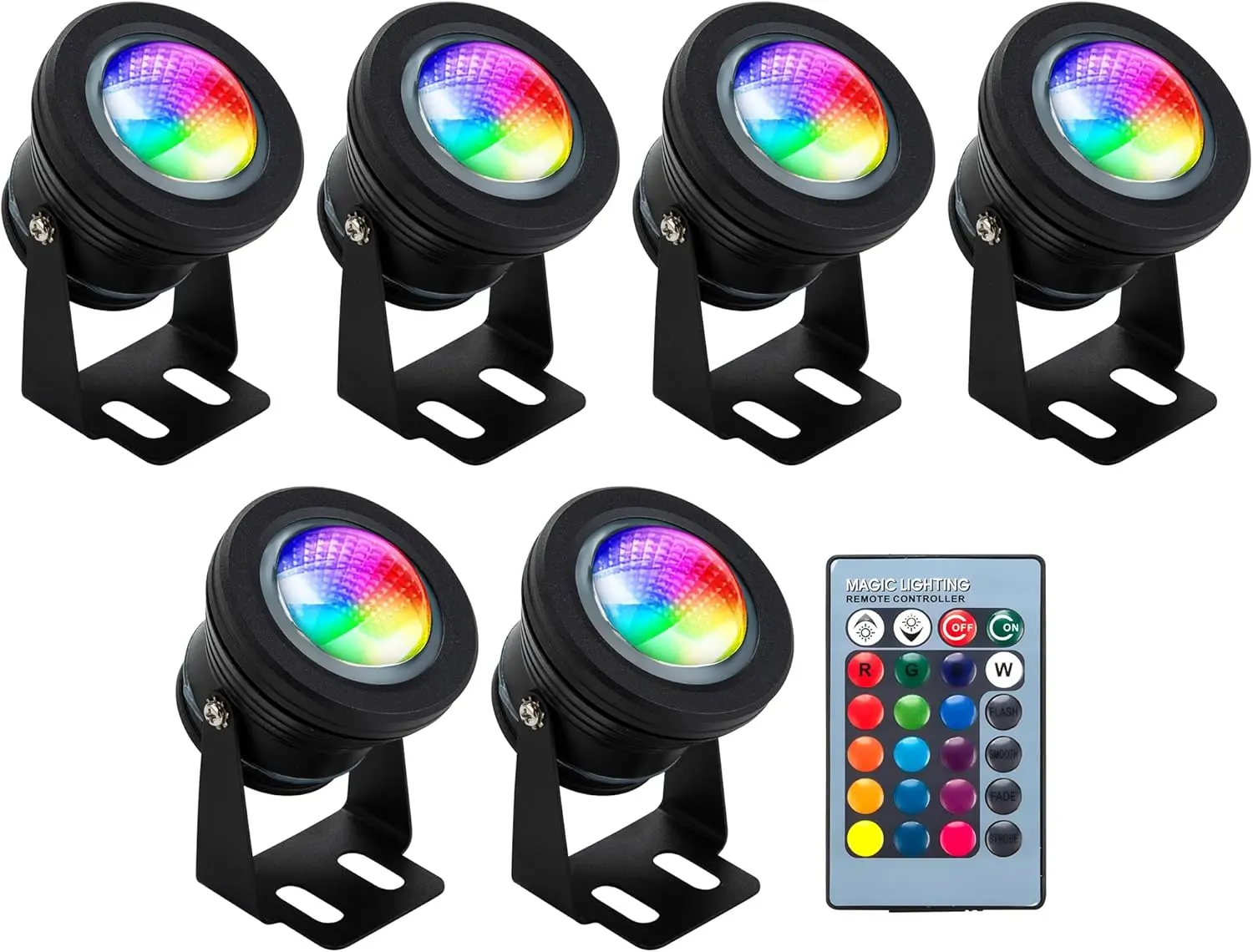12V RGB Outdoor Spot Lights (6 Pack), IP68 Waterproof Landscape Lighting, 10W Color Changing LED with Remote, Garden, Pathway, Patio & Tree Uplighting