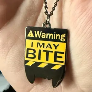 Warning, I May Bite Necklace 1.25" Iron Pendant with Durable Hard Enamel Finish 60cm Chain for Monster Lovers