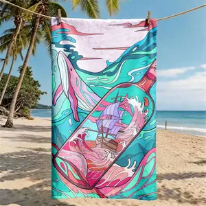 "Ship in a Bottle & Whale Nautical Graffiti" Beach Towel | Oversized, Quick Dry, Ultra-Soft Polyester | Multi-use for Travel, Swimming, Camping, Fitness | Perfect Choice for Beach Vacations | Machine Washable | 2D Flat | Best Gift for Friends and Family.