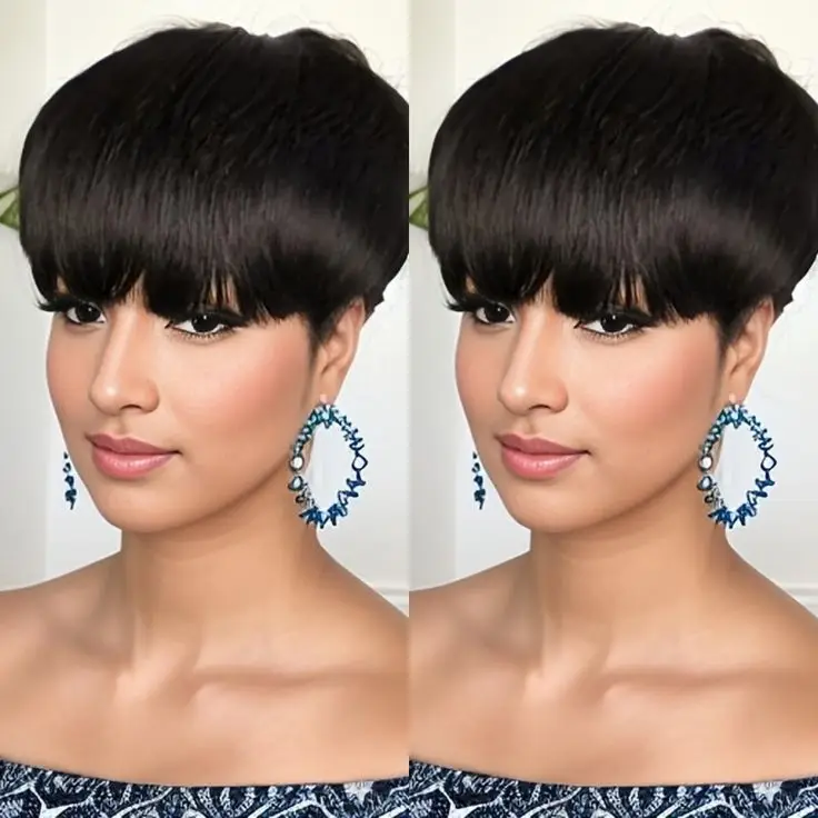 ShowReal Short Pixie Cut Wig Virgin Human Hair Black & Honey Blonde Color Full Machine Ready Go Glueless Wig Mushroom Hairstyle With Bangs dealsforyou