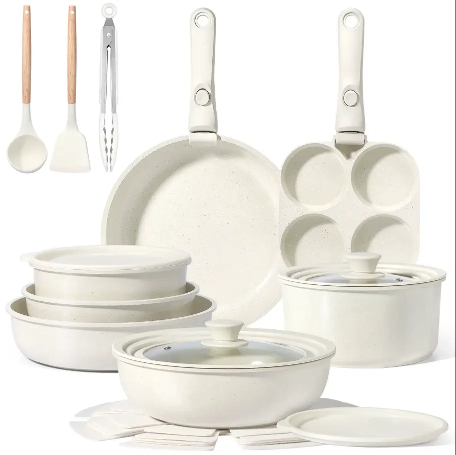 21-Piece Ceramic Cookware Set, Nonstick Pots and Pans Set with Detachable Handles, Oven Safe, Dishwasher Safe, Induction Compatible, Stackable Kitchen Cookware for Home, RV & Camping