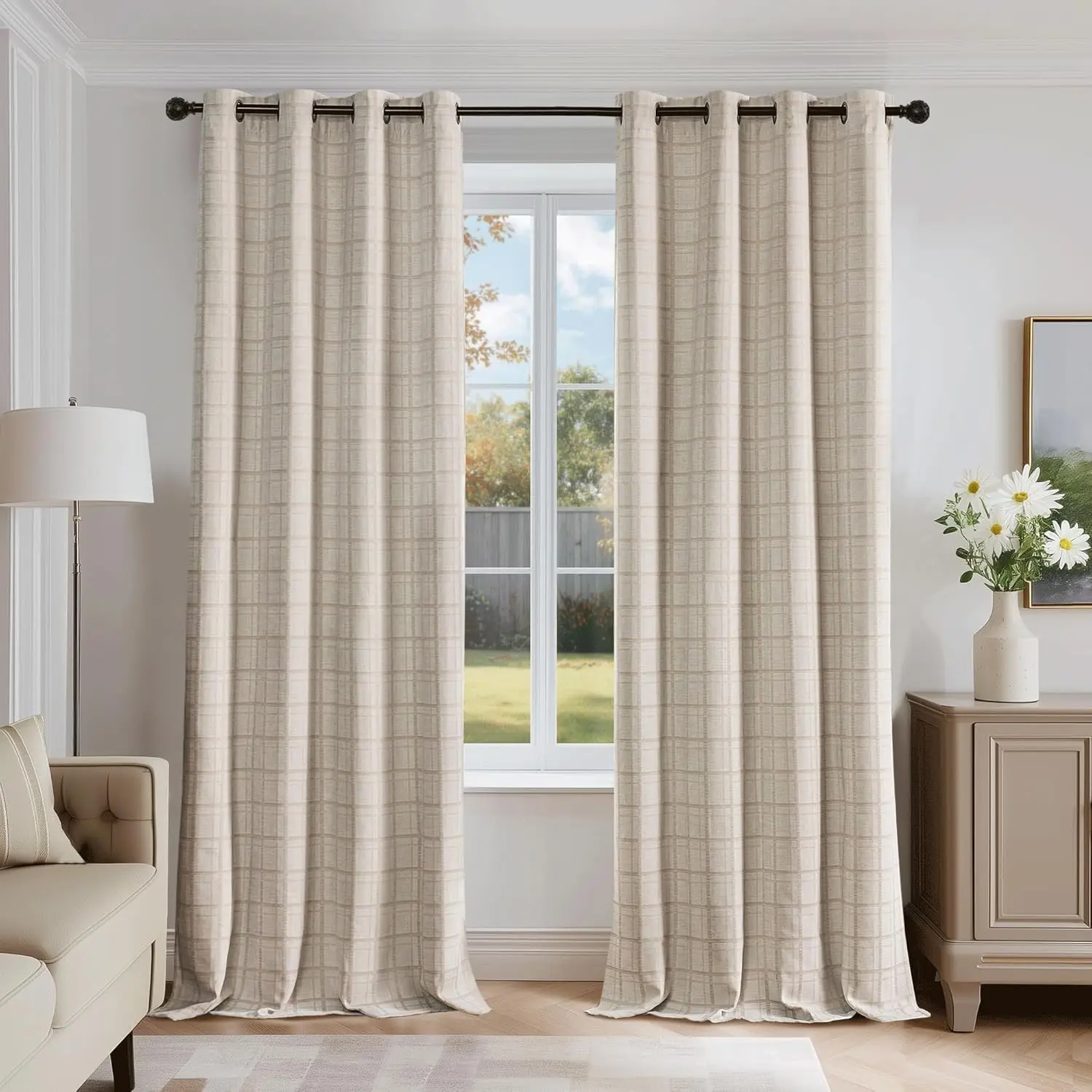 Beige Plaid Jacquard Blackout Curtains for Bedroom 52x84 2 Panels Gingham Checkered Room Darkening Drapes for Living Room 84 Inch Long Thermal Insulated Soundproof Grommet Window Treatment