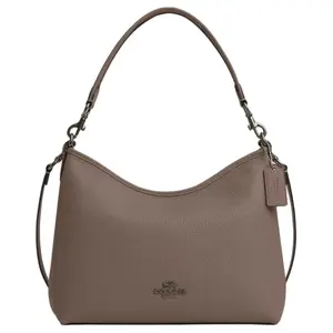 COACH Laurel 31 Logo Zipper Pebbled Leather Large Tote Crossbody Shoulder Bag for Women in Dark Stone