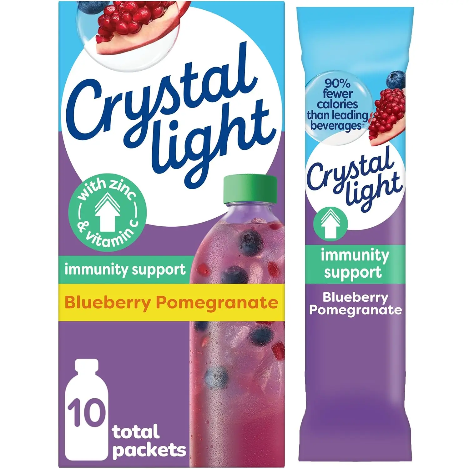 Crystal Light Immunity Support Blueberry Pomegranate Powdered Drink Mix, Naturally Flavored On-the-Go Packets, 10 ct Box, 0.07 oz each