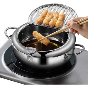 304 Stainless Steel Japanese Tempura Small Deep Fryer Pot with Thermometer Lid and Oil Drip Drainer Rack for French Fries Shrimp Chicken Wings 24cm/9.4inch