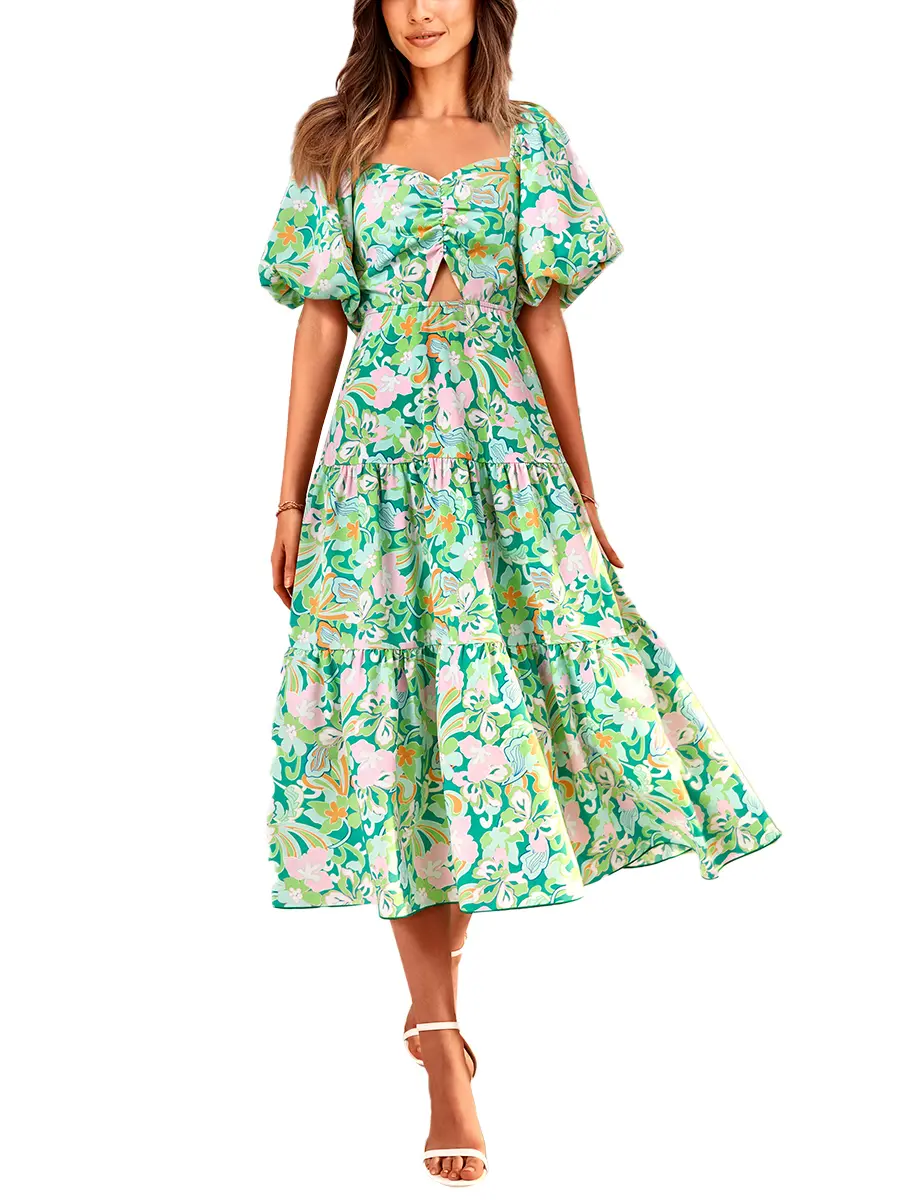 BTFBM Women Summer Dresses 2026 Casual Flowy Beach Square Neck Puff Short Sleeve Smocked Back Boho Floral Long Maxi Dress #Clearance
