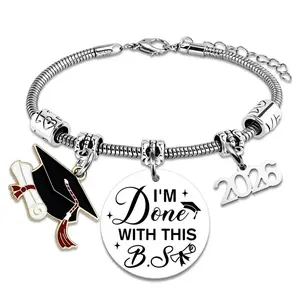 "I'm Done With This B.S." 2026 Graduation Bracelet, Funny Bachelor Graduation Keepsake, Silver Plated Charm Bracelet with Grad Cap & Diploma