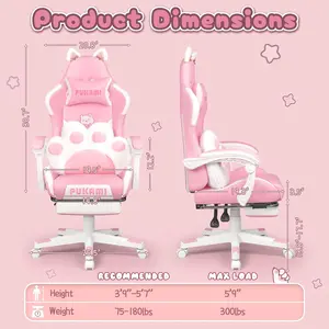 PUKAMI Pink Gaming Chair Cute with Cat Ears and Cat Paw Lumbar Cushion, Ergonomic Computer Chair for Girl with Footrest and Headrest, Comfortable Reclining PC Game Chair for Adult, Teen, Pink