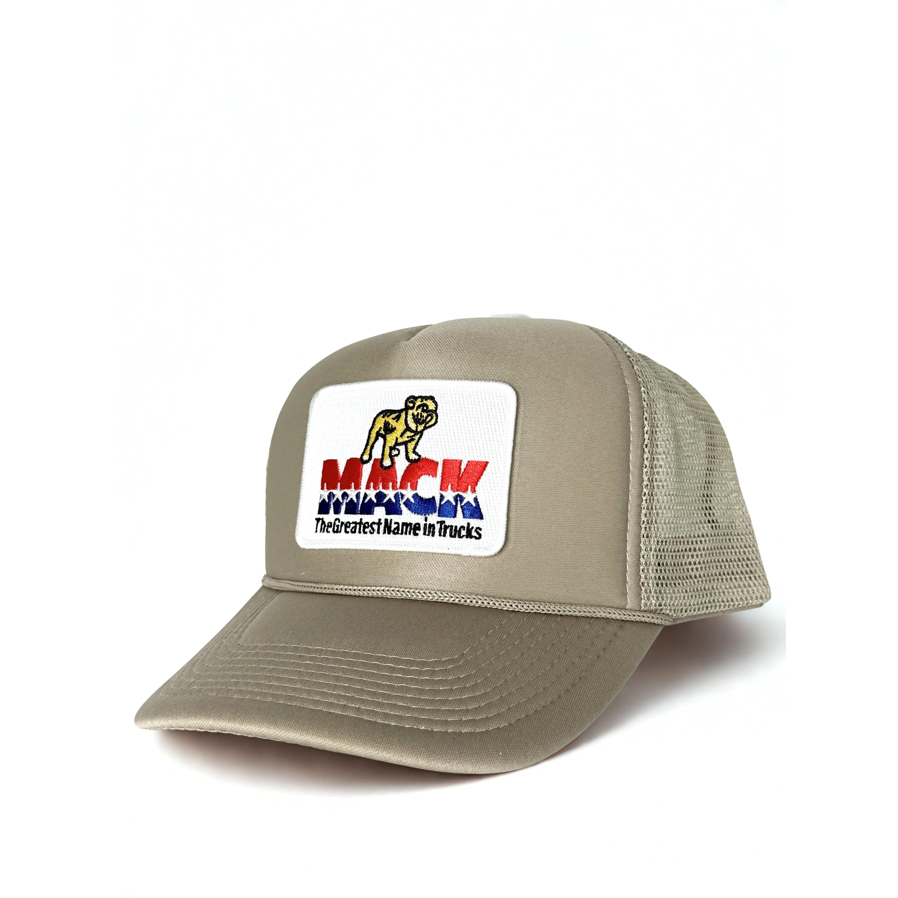 Mack Truck Retro Mack 1970 Embroidered Logo Trucker Mesh Adjustable Snapback Cap Beige White